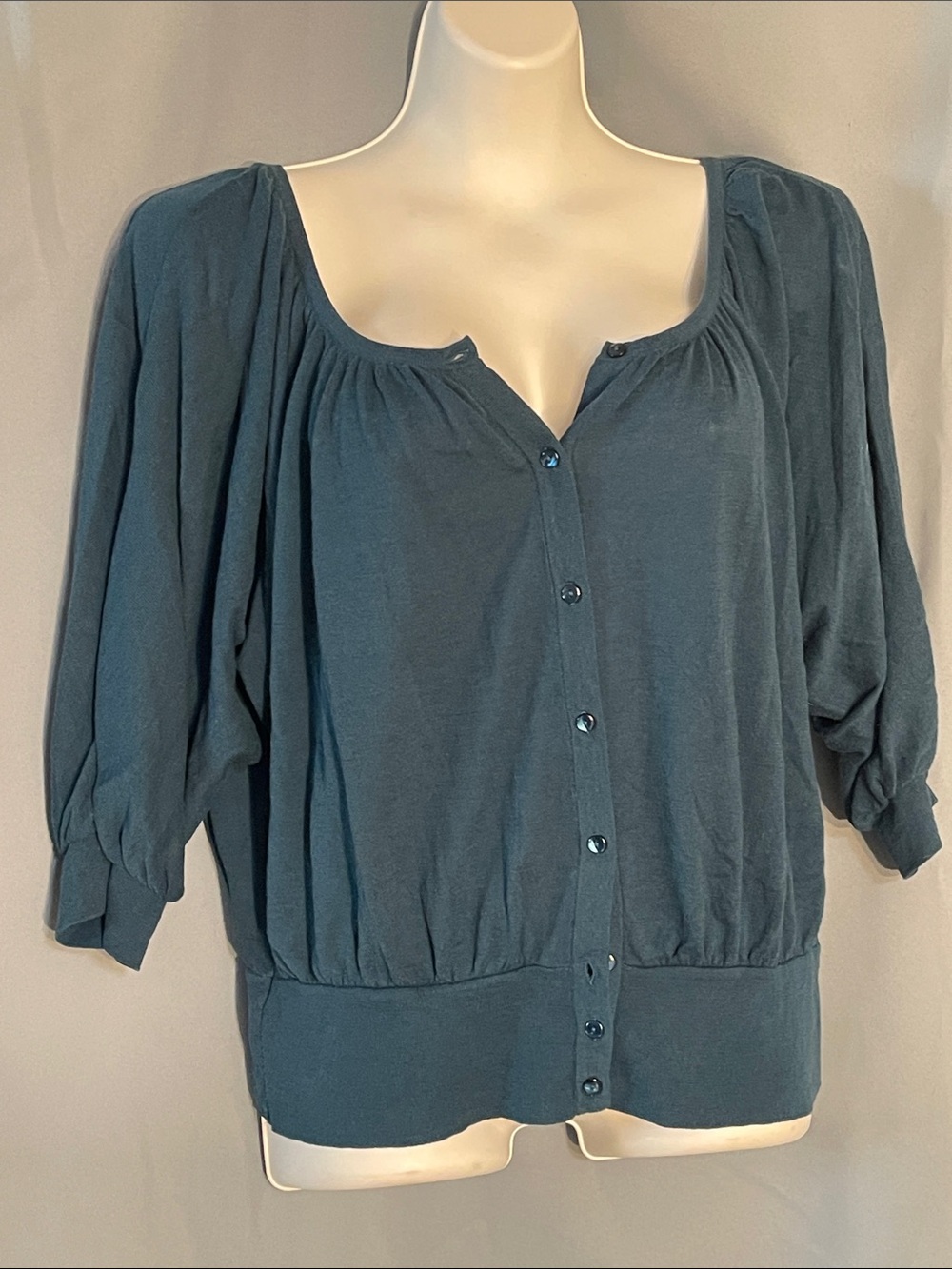 Ellie Slate Blue Button-Front Peasant Blouse